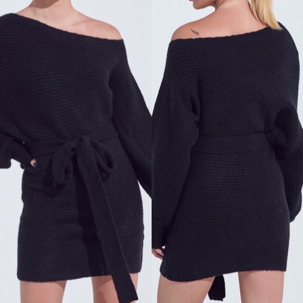 . Warm Hugs Off The Shoulder Black Chunky Knit Belted Mini/Midi Sweater Dress - Picture 6 of 13